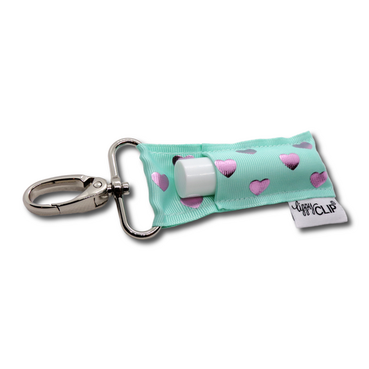 Pink Hearts on Aqua LippyClip® Lip Balm Holder